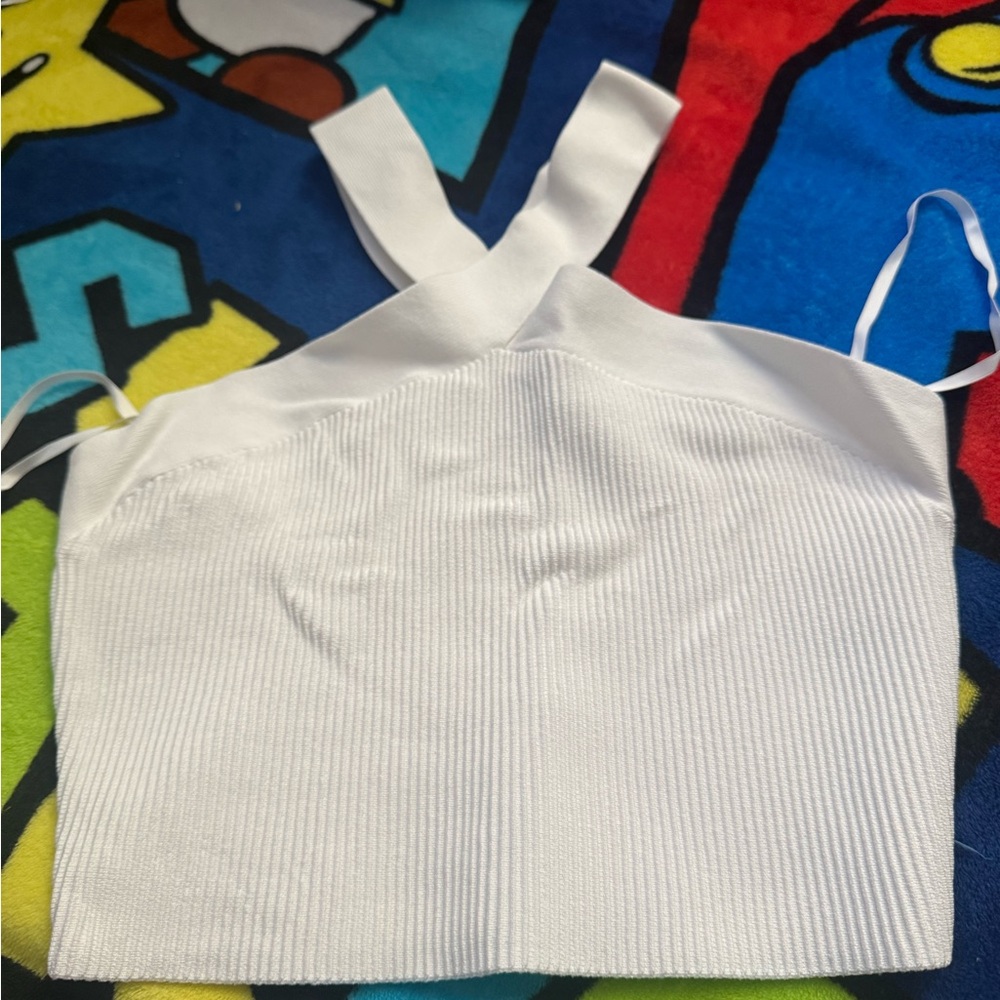 Babaton White Ribbed Halter Crop Top